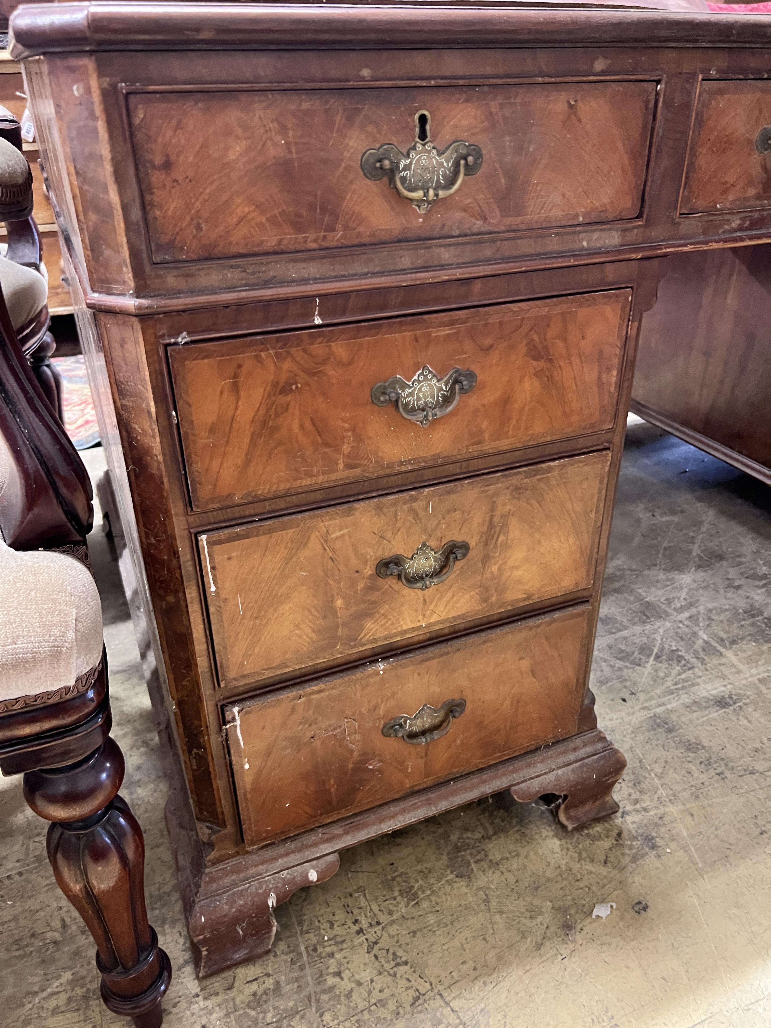 A walnut pedestal desk, width 153cm, height 91cm